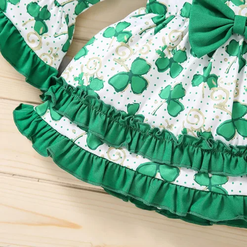 Vista 2 de TBUIALL Vestido para niña pequeña, vestido de manga acampanada con volantes para el día de San Patricio, estampado floral, lindo, suave, para niñas