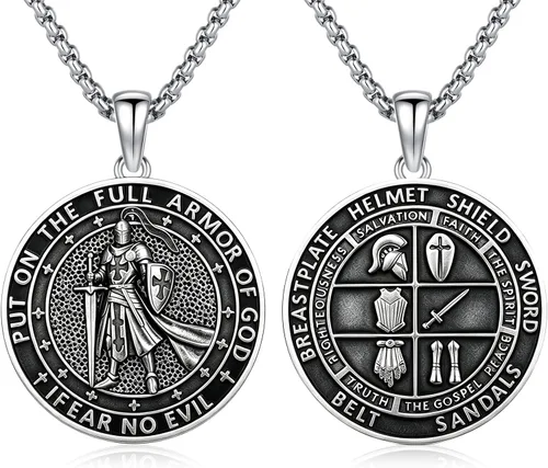 Vista 25 de Collar con colgante de amuleto de medalla de San de plata 10A-St Michael Oval