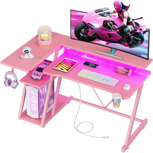 Vista 10 de Korfile Escritorio para juegos de 40 pulgadas con toma de corriente y luces LED, mesa de juegos para computadora en forma de L con estantes