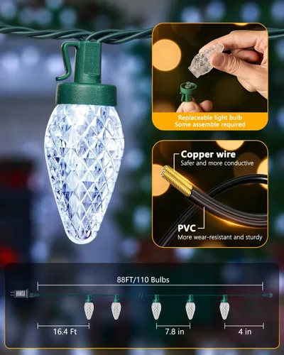 Vista 8 de Minetom Luces de Navidad C9 para Exteriores, Cadena de 85 pies con 110 LED y 8 Modos de Iluminación, Luces de Navidad C9 Impermeables, Conectables