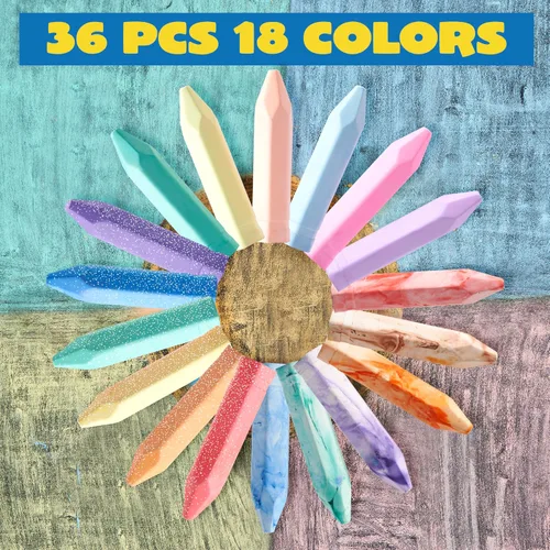 Vista 2 de JOYIN Juego de 36 tizas lavables para acera en 6 paquetes, 18 colores, incluyendo 12 teñido anudado, 12 purpurina y 12 tizas de color neón