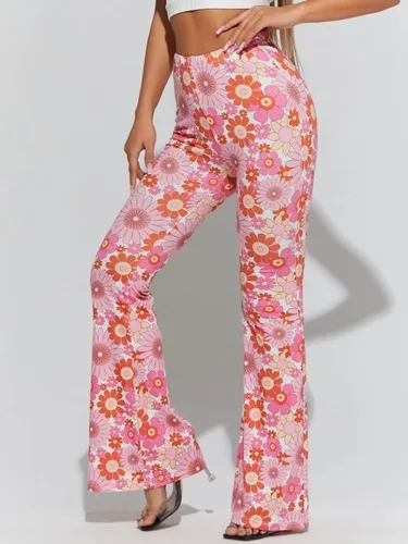 Vista 3 de KUQBMRS Pantalones de yoga elásticos de cintura alta con estampado de flores para mujer, pantalones acampanados de pierna ancha, pantalones