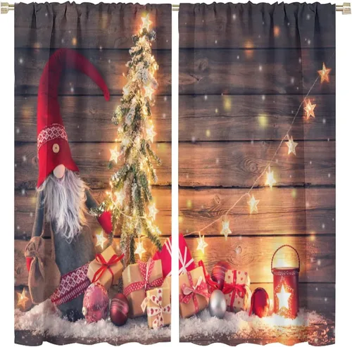 Vista 35 de Cortinas de Navidad de gnomo, bolas de árbol de Navidad, luces, regalos, decoración de tablones para sala de estar, dormitorio, bolsillo para barra