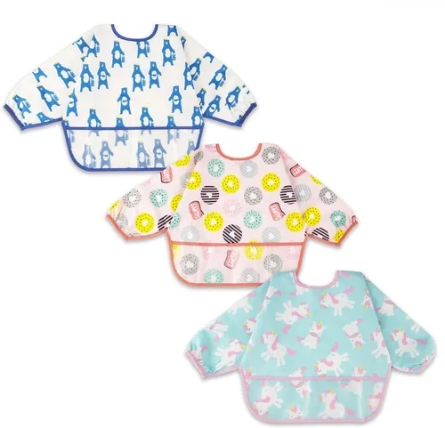 Vista 11 de Juego de baberos de manga larga de 3 piezas, baberos impermeables para bebés con bolsillo, babero para niños pequeños con mangas, bata resistente a