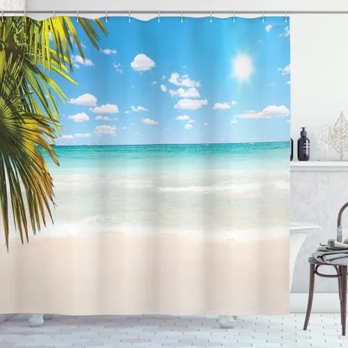 Vista 35 de Ambesonne Decor Collection, juego de cortina con ganchos para regadera Amarillo y marrón