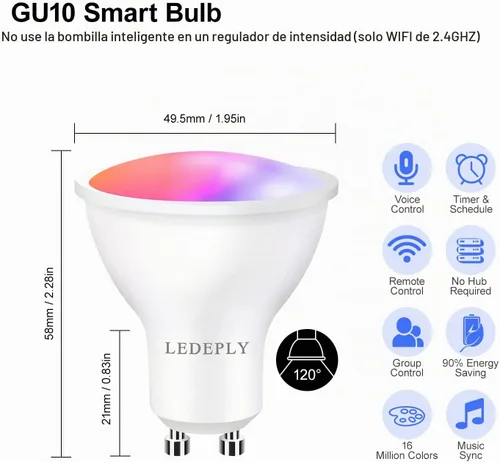 Vista 3 de Bombilla inteligente GU10 compatible con Alexa, Google Home, SmartThings, bombillas LED WiFi de 5 W, cambio de color, no requiere concentrador