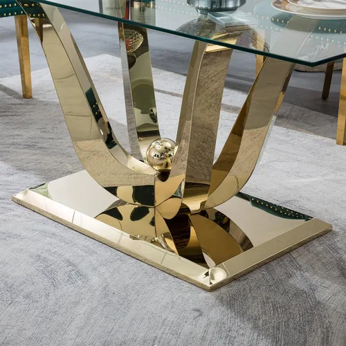 Vista 7 de SSLine Mesa de comedor de cristal dorado de 70 pulgadas para 4-6, base de Mesa de oro floral