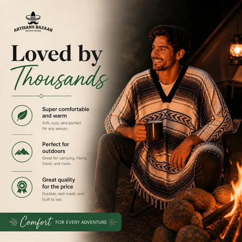 Vista 3 de Artisans Bazaar Poncho tradicional mexicano de Baja para hombres y mujeres, auténtico sarape de Gaban, manta de vaquero Pancho Jorongo Aguamarina
