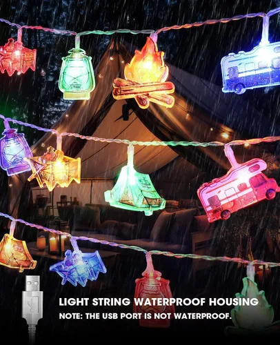 Vista 9 de AceList Guirnalda de 50 luces LED para campamento, funciona con pilas y USB, mini queroseno impermeable para exteriores, perfecta para decoraciones