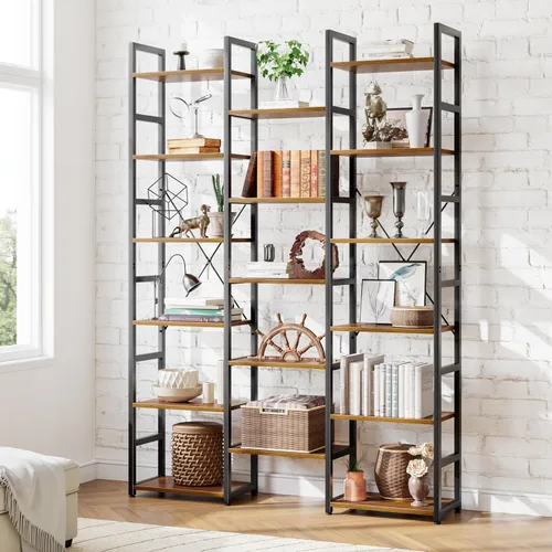 Vista 11 de NUMENN Estantería Triple Ancha de 5 Niveles, Librerías y Estanterías de Estilo Industrial Rústico con 14 Estantes de Exhibición Abiertos, Muebles