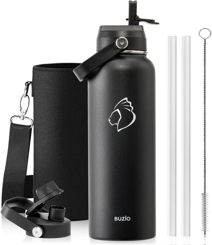 Vista 61 de BUZIO Botella de agua aislada de 24 oz, frasco de agua de boca ancha de acero inoxidable con tapa de pajita, frío durante 48 horas a prueba de Negro