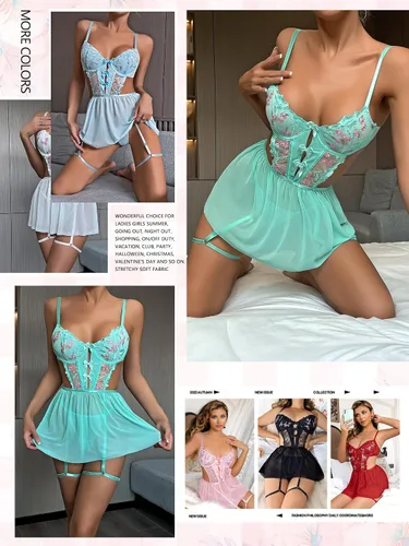 Vista 5 de popiv Conjunto de lencería sexy de encaje para mujer, lencería floral de malla con pajarita