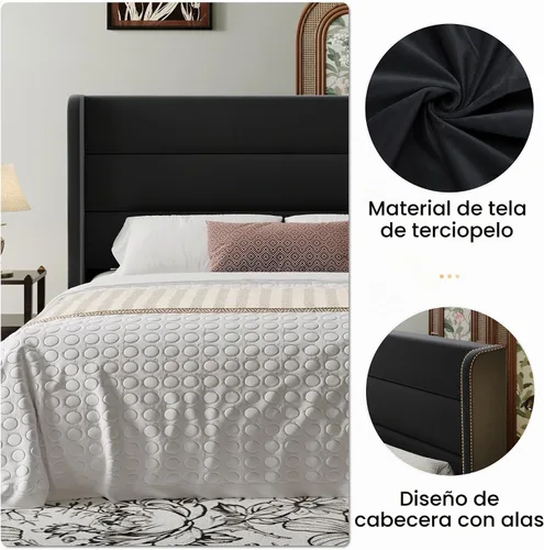 Vista 6 de SHA CERLIN - Base de cama tamaño Full con cabecera tapizada en terciopelo y diseño acanalado vertical; plataforma de cama tapizada con listones