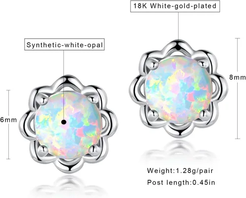 Vista 6 de Pendientes de tuerca chapados en oro blanco con ópalo de flores hipoalergénicos, regalo de joyería para mujer, Latón Gema, Piedra natal de ópalo