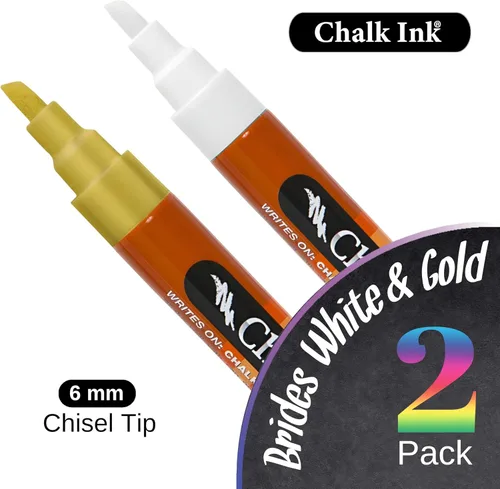 Vista 2 de Chalk Ink Marcadores de tiza metálica - Marcadores de pizarra con punta de Oro y blanco