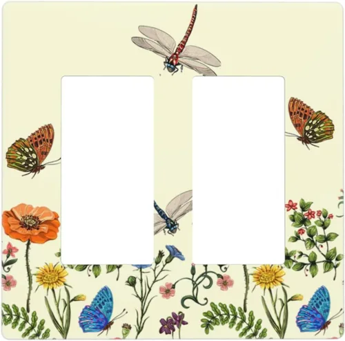 Vista 78 de Placa de Pared en Blanco de 1-Gang Sin Dispositivo Beige Lindo Vintage Boho de los 70s Hongo Fungus Planta Floral Botánica Libélula Interruptor