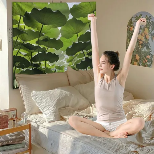 Vista 3 de FENDROM Tapiz de hojas de loto de naturaleza, tapiz de plantas, paisaje natural verde, para colgar en la pared, arte de pared 3D para dormitorio