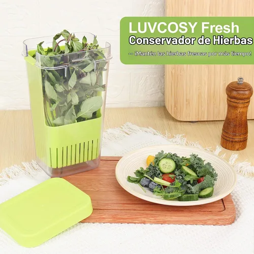 Vista 3 de LUVCOSY Herb Keeper, protector de hierbas de plástico sin BPA con una cesta interior para cilantro, menta, perejil y espárragos, mantiene