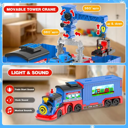 Vista 5 de Juego de tren de juguete 2 en 1 para niños pequeños, base de tren de catapulta con grúa torre móvil, 8 pequeños trenes magnéticos, efecto de luz