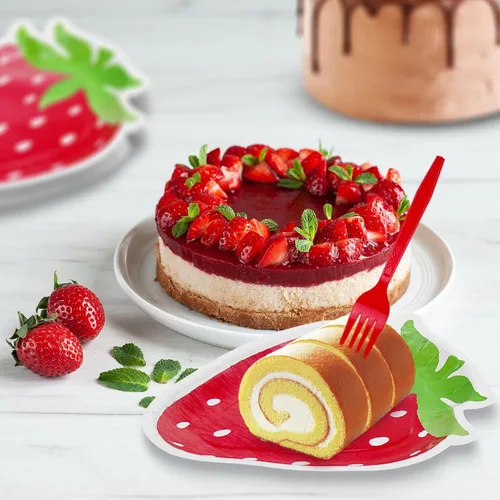Vista 4 de Platos en forma de fresa, delicados y encantadores, decoraciones de fiesta de fresa adecuadas para fiestas, cumpleaños de bebé (24 juegos)
