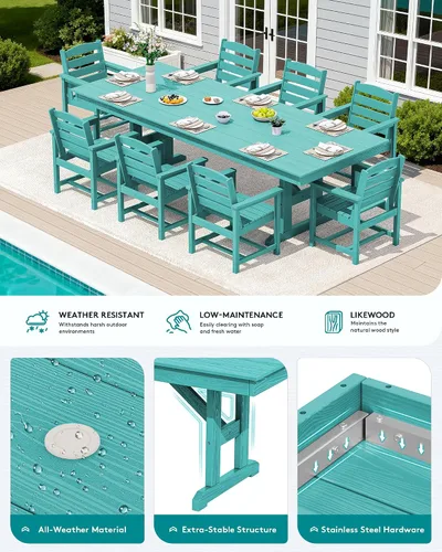 Vista 4 de SERWALL Outdoor 84" HDPE Rectangular Dining Table for 6-8,All-Weather,Aruba