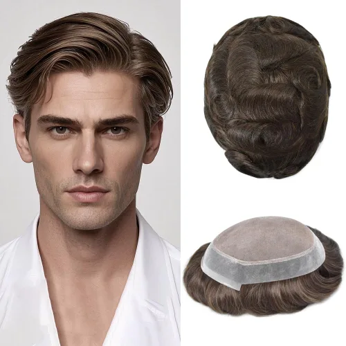Vista 47 de Toupee para hombres Piezas de pelo fino mono para hombre Toupee sistema de reemplazo de pelo para hombres línea capilar natural para hombre postizo