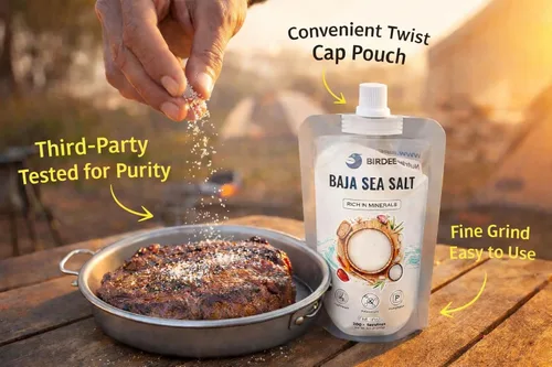 Vista 5 de Birdee Baja Mineral - Sal marina de grano fino, 8.8 onzas, bolsa de boquilla con tapa giratoria, sin refinar, sin yodar, sal marina mineral reducida