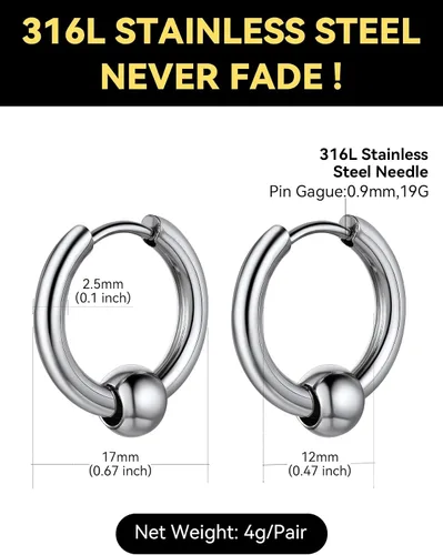 Vista 6 de ChainsHouse Huggie Hoop Earrings for Men Women, Stainless Steel A: Aro de cuentas (1 par) - Plata