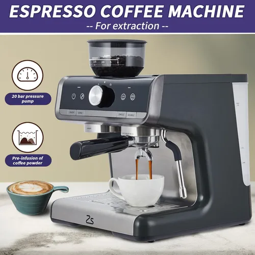 Vista 4 de Máquina de café expreso de 20 barras con molinillo, cafetera espresso semiautomática con espumador de leche para barista casero, cafetera