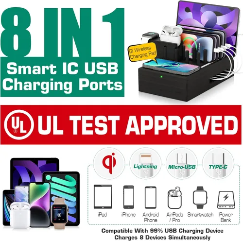 Vista 6 de Darfoo - Estación de carga de bambú para múltiples dispositivos, cargador inalámbrico rápido certificado Qi y 7 puertos USB, estación de carga
