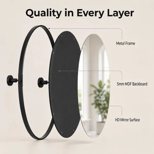 Vista 4 de Espejo ovalado pivote de 19.7 x 27.55 pulgadas, espejos de pared inclinables de metal negro para baño, tocador de sala de estar, marco ajustable