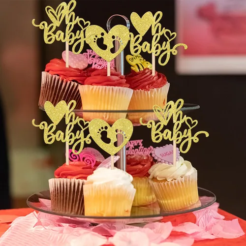 Vista 3 de 24 piezas Oh Baby para cupcakes para el día de San Valentín con purpurina de corazón de amor dulce para pies de bebé, para el día de San Valentín