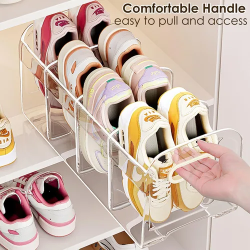 Vista 5 de Zapatero de acrílico para niños, 2 unidades, almacenamiento de zapatos para niños pequeños, 4 secciones, organizador de zapatos para bebés