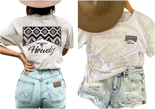 Vista 2 de Western Cowboy - Camiseta de manga corta para mujer, diseño de calavera de whisky, estilo casual, música country, camisetas retro occidentales
