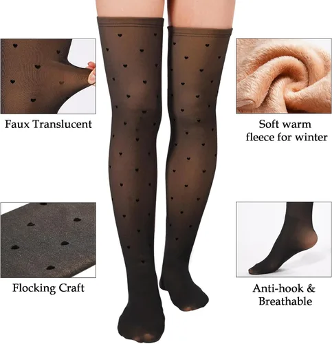 Vista 3 de Calcetines altos con forro polar para mujer, falsos translúcidos, flocados, cálidos, de felpa, gruesos, sobre la rodilla, calentadores de piernas