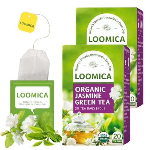 Vista 20 de LOOMICA Té verde de jazmín descafeinado, descafeinado, suave y refrescante, bolsas de té verde jazmín, naturalmente fragante con flores frescas