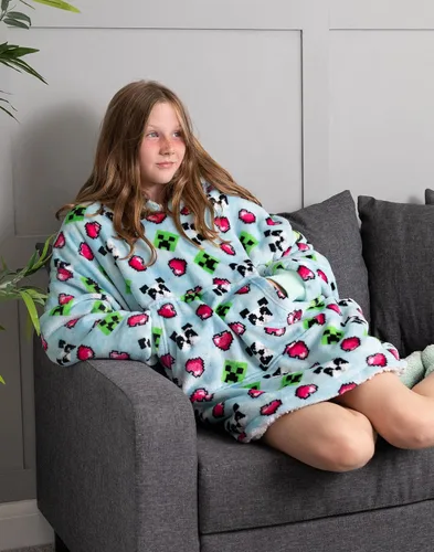 Vista 3 de Minecraft Girls Oversized Blanket Hoodie Kids Creeper Blue Sherpa Fleece One