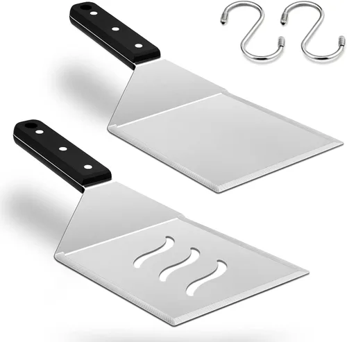 Vista 9 de HaSteeL - Juego de 2 espátulas de metal grandes de acero inoxidable con mango de ABS, resistente para hamburguesas y panqueques, ideal para cocinar