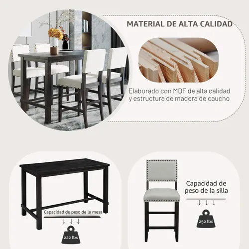 Vista 5 de Merax Juego de mesa de comedor de 5 piezas para 4, juego de mesa de cocina de altura de mostrador con una mesa rectangular y 4 sillas acolchadas