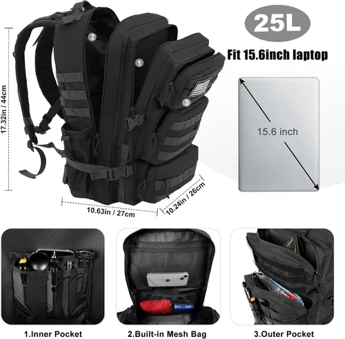 Vista 3 de Mochila táctica militar de 25L para hombre, mochila de 3 días, mochila MOLLE del ejército, mochila de asalto de 3 días, mochila de evacuación