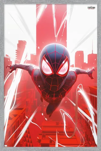 Vista 17 de Marvel's Spider-Man: Miles Morales - Póster de Falling Wall, 22.4 pulgadas de largo x 14.7 pulgadas de ancho, versión enmarcada de madera de granero