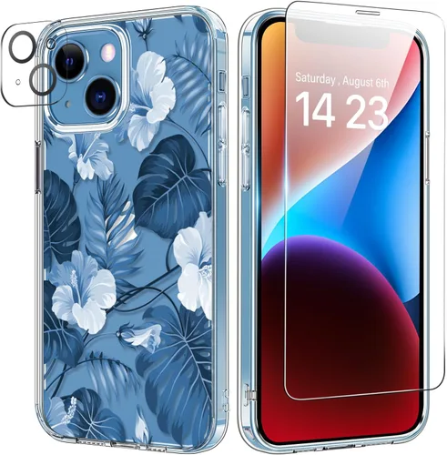 Vista 67 de bicol Funda para iPhone 14 Plus con Protector de Pantalla y Lente de Cámara - Diseños Florales de Moda para Mujeres y Niñas - Funda Transparente