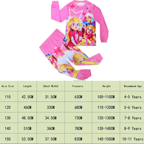Vista 2 de Conjunto de pijama de princesa melocotón para niñas, 2 piezas, ropa de dormir de dibujos animados para niños, pijamas largos para niñas, ropa