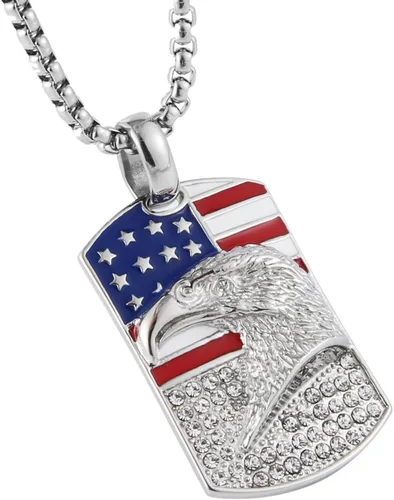 Vista 2 de HZMAN Collar patriótico de águila estadounidense de acero inoxidable para hombres y mujeres, con circonita cúbica, bandera americana, colgante