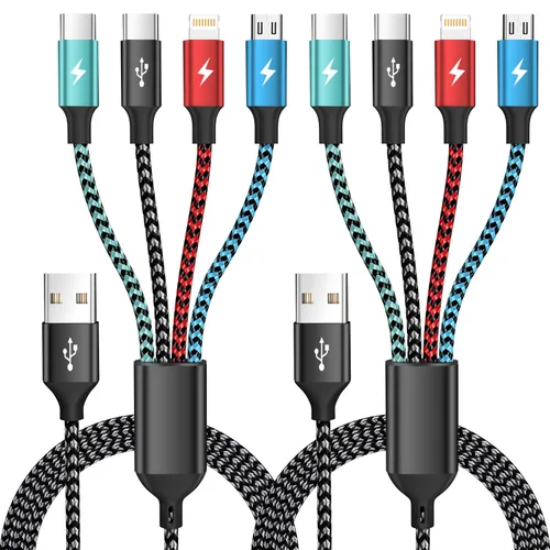 Vista 13 de Cable de Carga Múltiple, Cables de Carga 4 en 1 para Múltiples Dispositivos de Nylon Trenzado Cargador Universal Cable Cargador de Teléfono con 2