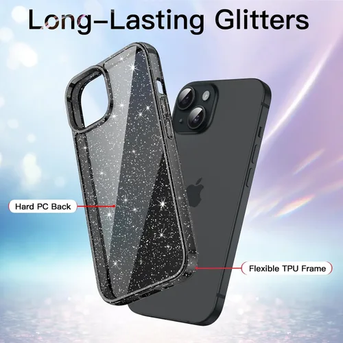 Vista 3 de JETech - Funda con purpurina para iPhone 15 de 6.1 pulgadas, funda brillante a prueba de golpes, bonita y brillante para mujeres y niñas (negro)