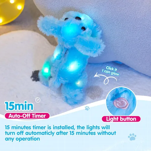 Vista 5 de WEWILL Cachorro azul iluminado de 10 pulgadas con luz LED con luz nocturna colorida, juguete de peluche suave, regalo para niños en Navidad