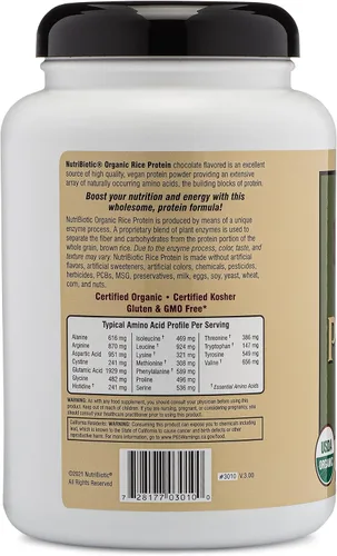 Vista 2 de NutriBiotic Chocolate con proteína de arroz orgánico certificado, 22.9 onzas, proteína vegana baja en carbohidratos en polvo, crudo, certificado