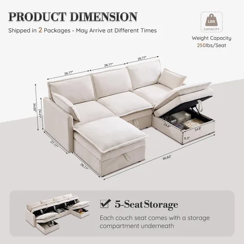Vista 2 de Sofás modulares de nube seccionales de 85.83 pulgadas para sala de estar, sofá modular moderno con otomana de almacenamiento, sofá de nube de Beige