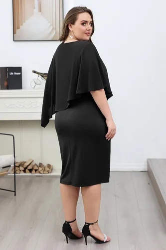 Vista 5 de KIMCURVY Vestido de capa de talla grande para mujer, vestido de tubo con superposición de gasa, vestido midi para boda, cóctel, fiesta